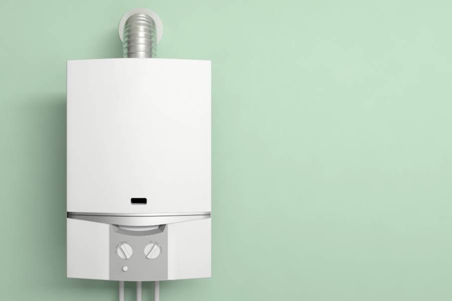 A white tankless water heater installed on a pastel green wall.